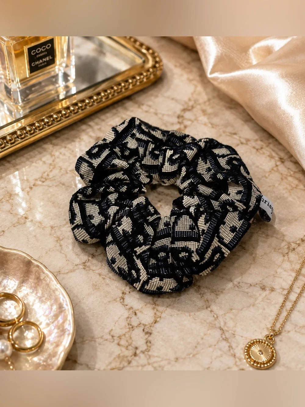 Black and Beige Dior Logo-Pattern Hair Scrunchie